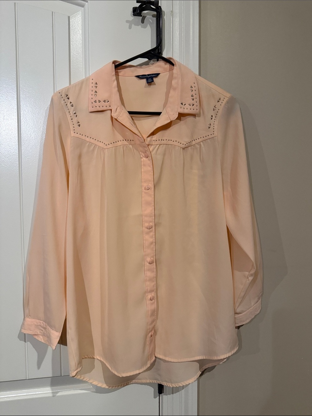 American Eagle Outfitters Peach Button-Front Blouse with Stud Accents